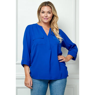 PLUS SIZE COBALT TAB SLEEVE MANDARIN COLLAR SHIRT